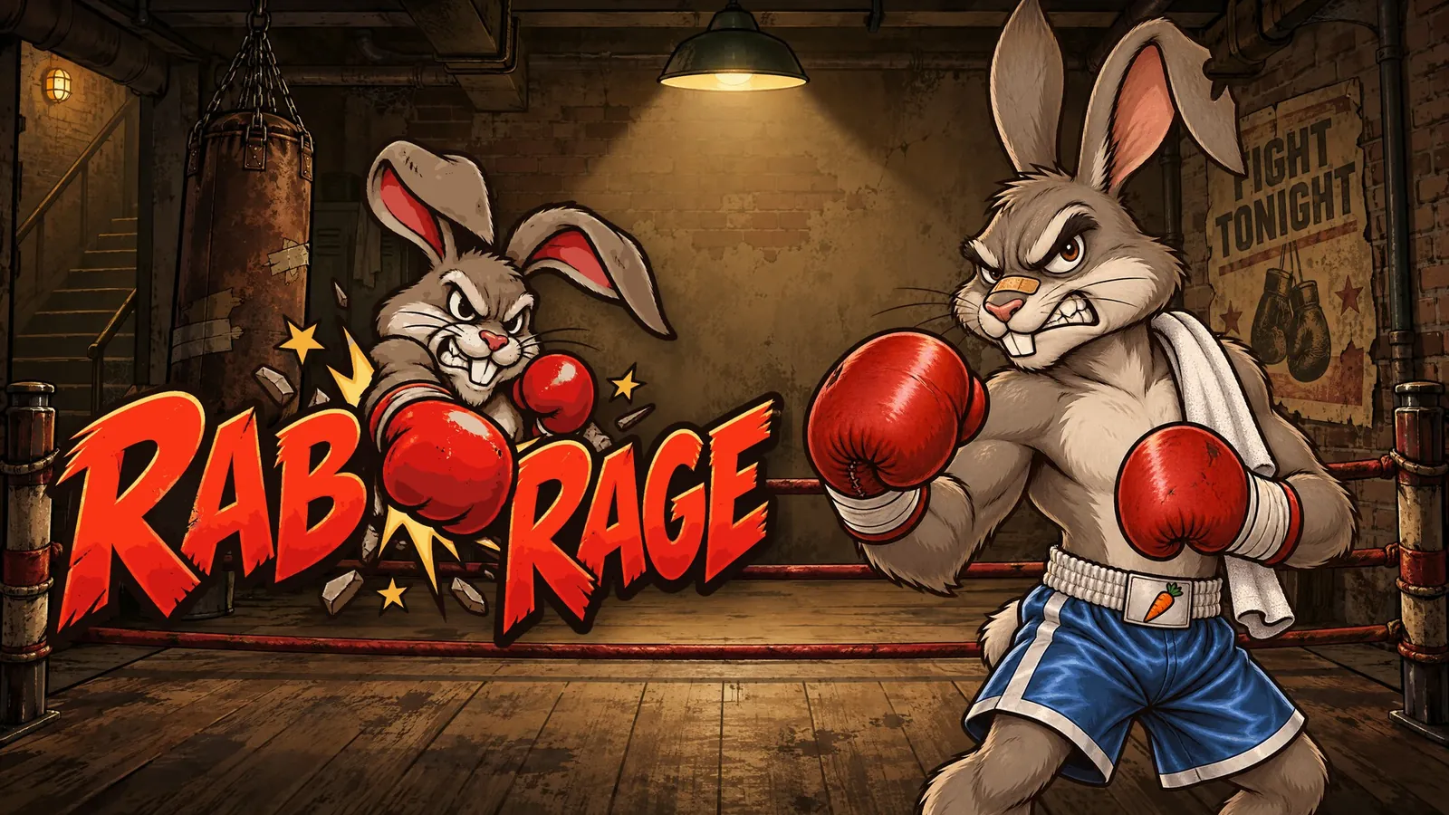 RabRage cover art: the boxing hare in red gloves in the back-alley gym