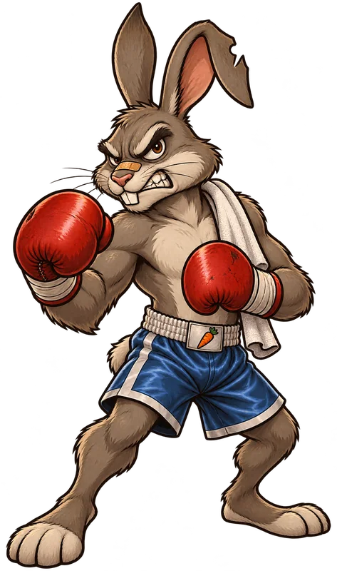 The RabRage rabbit, gloves up, in a 1940s boxing gym
